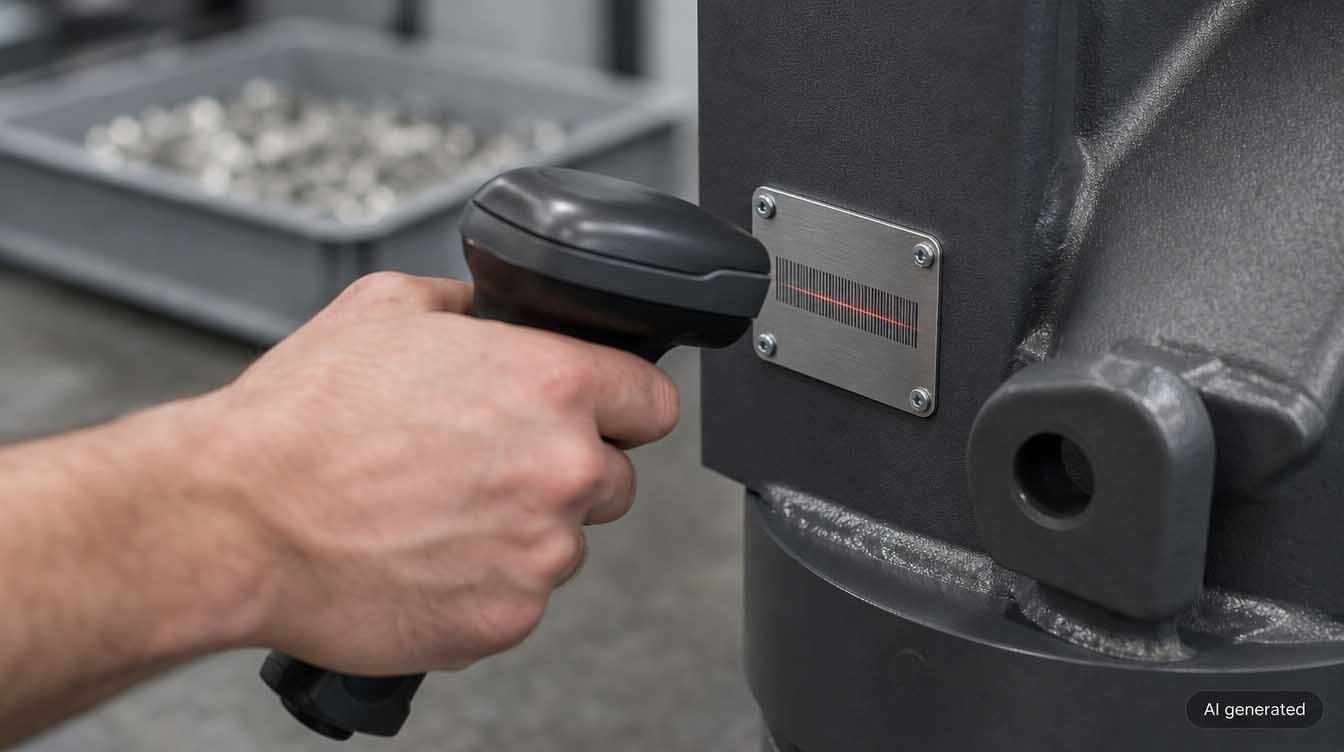Rückverfolgbarkeit über die Seriennummer: Hand scannt das Typenschild einer montierten Baugruppe