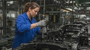 Werkerin prüft Schraubverbindung an einer Montagestation in der Automobilfertigung 
