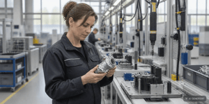 Software für die Fertigung: Produktionsleiterin prüft Montagelinie mit vernetzten Prüfstationen