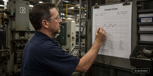 Werker nutzt statistische Prozesslenkung SPC mit einer Regelkarte an der Fertigungslinie