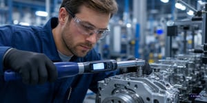 Werker prüft eine sicherheitskritische Schraubverbindung mit digitalem Drehmomentschlüssel nach VDI/VDE 2862 in der industriellen Montage