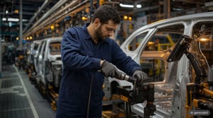 Werkerassistenzsystem in der Automobilproduktion: Werker prüft Verschraubung an der Montagelinie