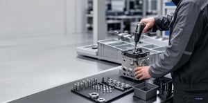 Titelbild Werker montiert Bauteil mit Drehmomentschrauber an einem Montagearbeitsplatz in der Fertigung