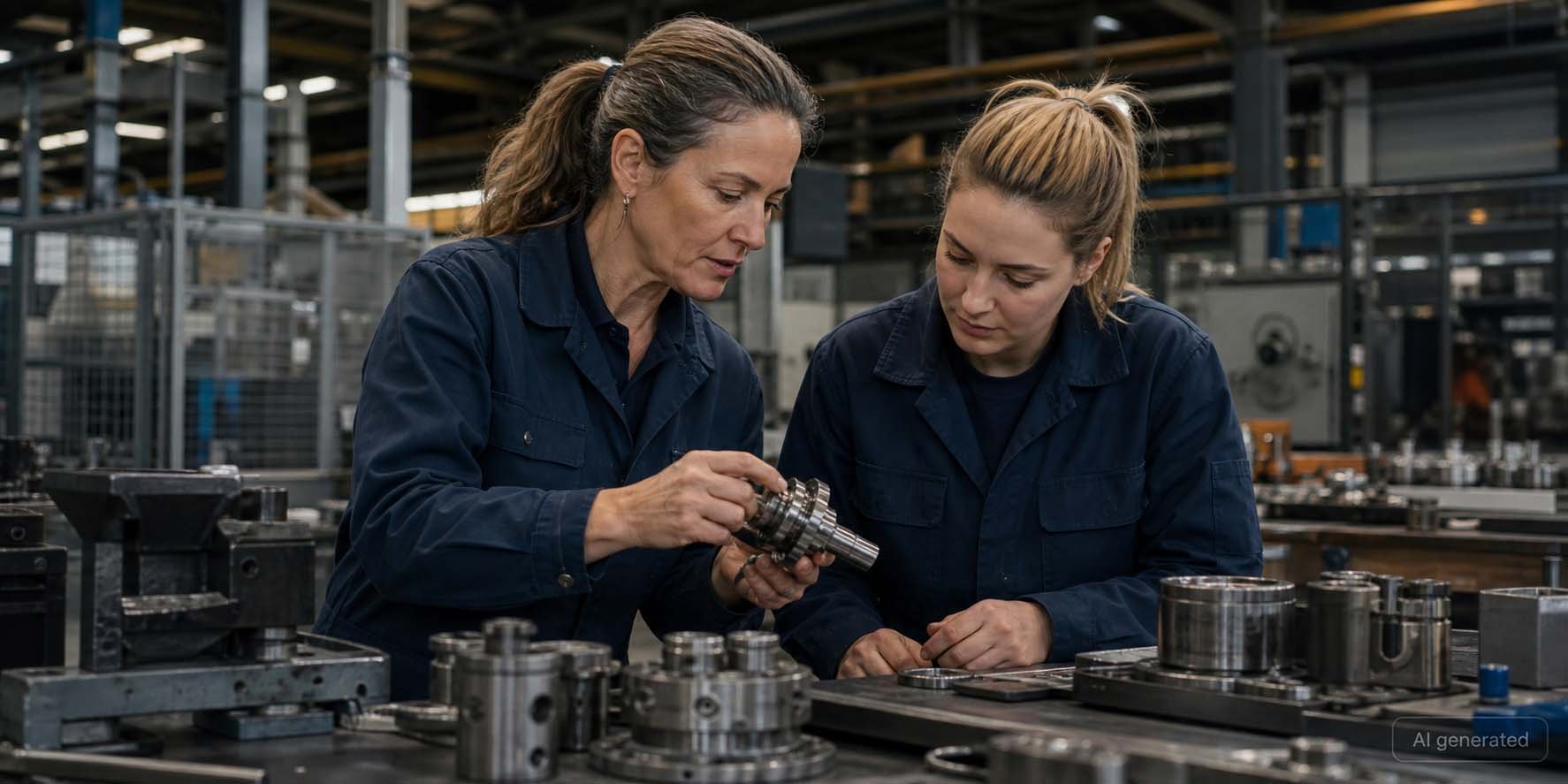 Erfahrene Mitarbeiterin arbeitet neue Kollegin an digital gefuehrter Montagelinie ein