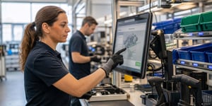 Werkerassistenzsysteme am Montagearbeitsplatz: Werkerin mit Touchscreen-Terminal, Pick-by-Light-Regal und Drehmomentwerkzeug