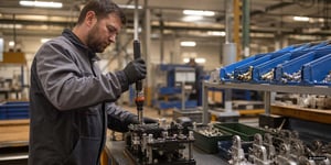 Werker an einem Montagearbeitsplatz nutzt ein Werkerassistenzsystem mit MES-Anbindung in der Fertigung
