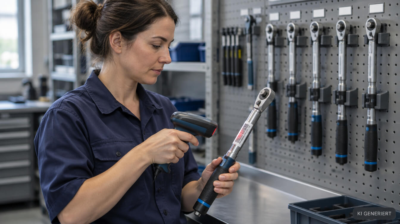 Werkzeugprüfung im Werkzeuglager: Drehmomentschlüssel wird vor der Ausgabe per Barcode identifiziert